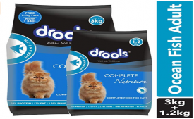 Buy Drools Adult Dry Cat Food, Ocean Fish (3 kg + 1.2 kg) at Rs 627 from Amazon (Subscribe and Save Offer)