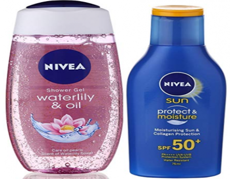 Buy Nivea Sun and Shower Combo (Moisturising Sun Lotion SPF 50, Waterlily and Oil Shower Gel) at Rs 228 only from Amazon