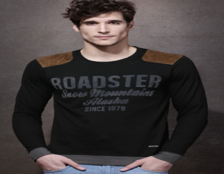 Get Flat 50% OFF on Roadster Black Flock Print T-Shirt with Suede Shoulder Patches just at Rs 399 only From Myntra