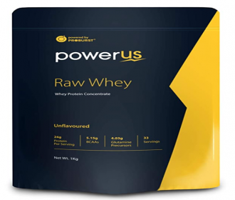Buy Powerus Raw Whey Protein Powder 1Kg | 80% Concentrate Whey | 33 Servings | 24 gm Protein, 5.1 gms BCAA and 4 gms Glutamine Per Serving - Unflavour