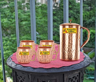 Buy Angelic Copper Handmade Copper Jug with Designer Cup Set, Set of 4, Brown at Rs 875 from Amazon