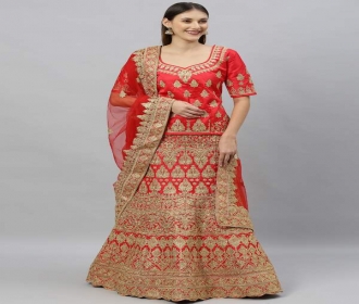 Buy Womens Red Gold Shadi Lahanga with Unstitched Blouse with Dupatta online upto 75% OFF