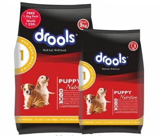 Buy Drools Chicken and Egg Puppy Dog Food (3 kg + 1.2 kg Free)from Amazon at Rs 629