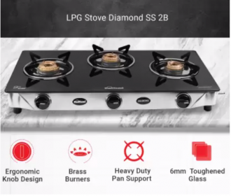 Buy SUNFLAME Diamond SS Glass, Stainless Steel Manual Gas Stove (3 Burners) at Rs 2494 from Flipkart, Extra Bank Discount
