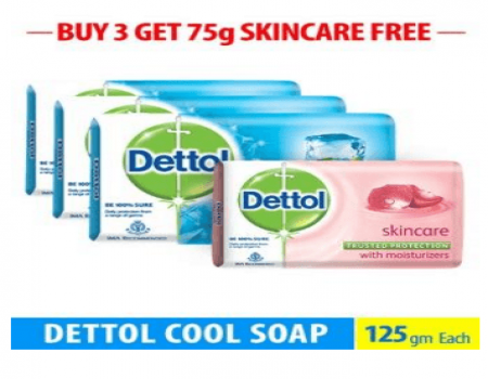 Buy Dettol Cool Soap - 125 gm (Pack of 3) + Dettol Skincare 75 gm Free At Rs 118 Only