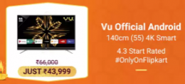 Buy Vu Official Android 140cm (55 inch) Ultra HD (4K) LED Smart TV (55SU134) just at Rs 36,999 Only from Flipkart